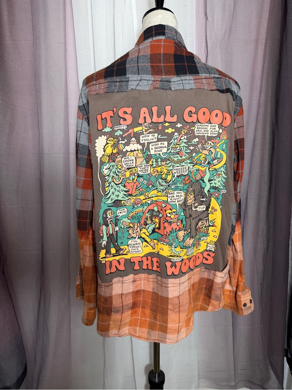 Up-cycled Graphic Flannel Shirt - "It's All Good In The Woods"